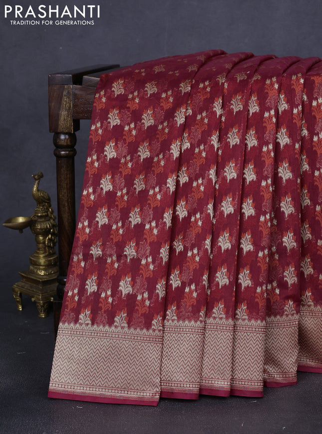 Banarasi silk cotton saree maroon with allover zari woven buttas and temple zari woven border