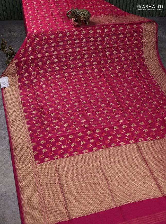 Banarasi silk cotton saree pink with allover zari woven buttas and temple zari woven border