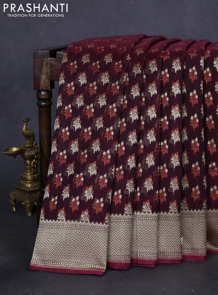 Banarasi silk cotton saree deep maroon with allover zari woven buttas and temple zari woven border