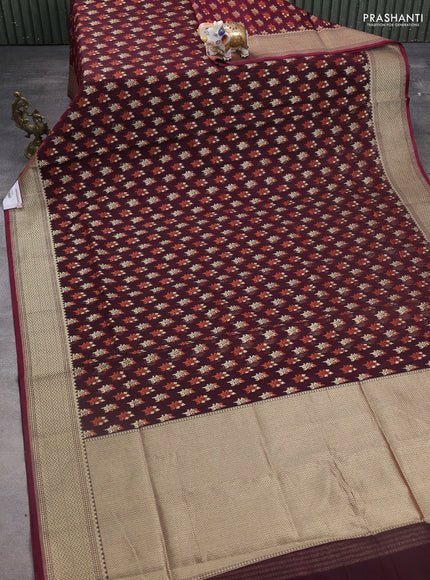 Banarasi silk cotton saree deep maroon with allover zari woven buttas and temple zari woven border