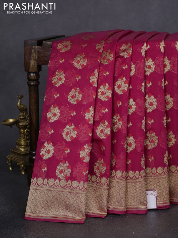 Banarasi silk cotton saree pink with allover floral zari woven buttas and zari woven border