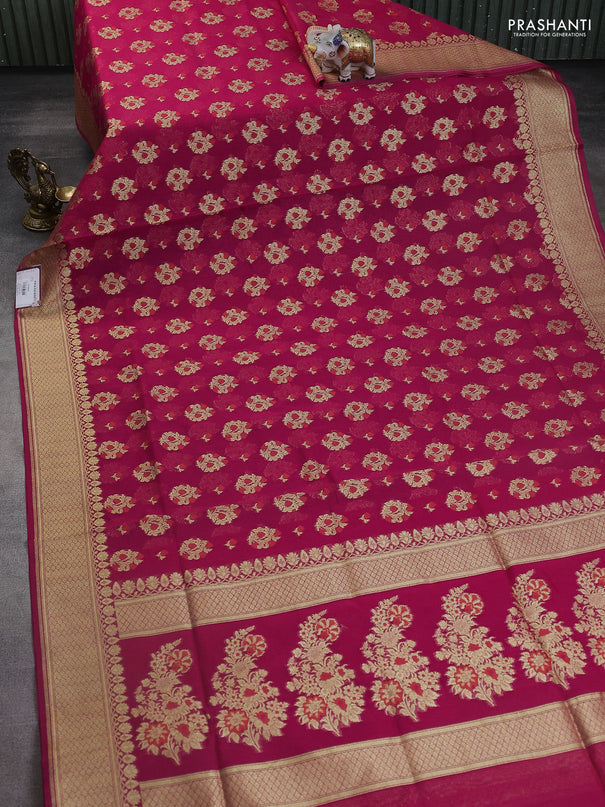 Banarasi silk cotton saree pink with allover floral zari woven buttas and zari woven border