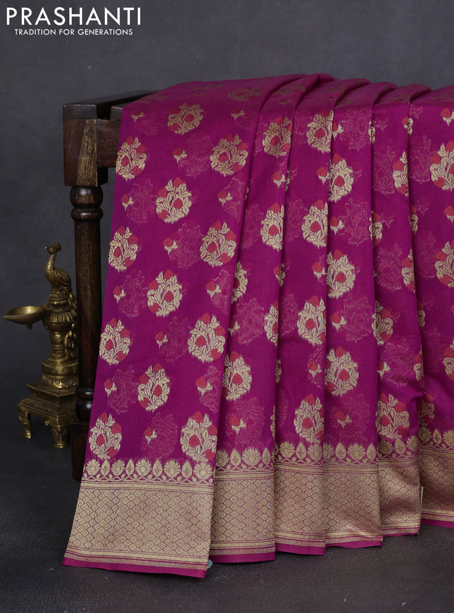Banarasi silk cotton saree purple with allover floral zari woven buttas and zari woven border