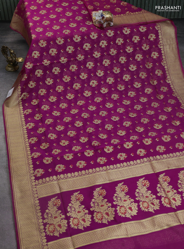 Banarasi silk cotton saree purple with allover floral zari woven buttas and zari woven border
