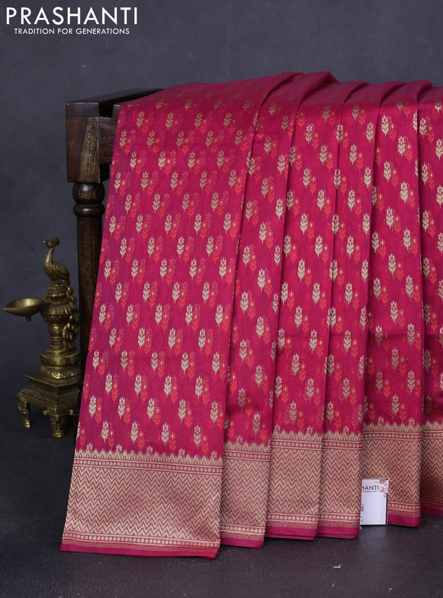 Banarasi silk cotton saree pink with allover zari woven buttas and temple zari woven border
