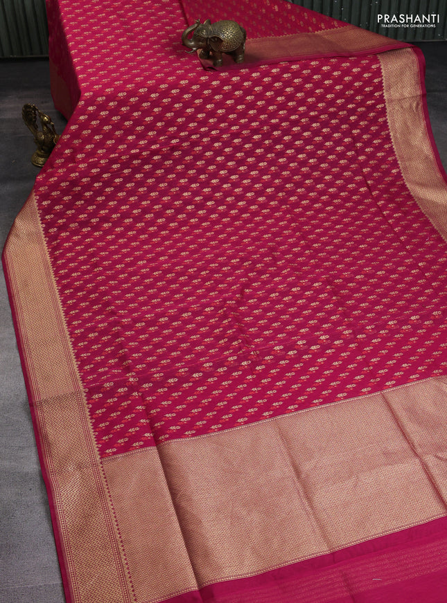 Banarasi silk cotton saree pink with allover zari woven buttas and temple zari woven border