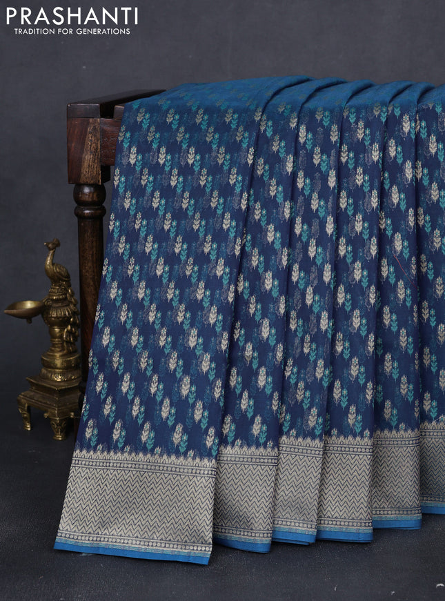 Banarasi silk cotton saree peacock blue with allover zari weaves and temple zari woven border