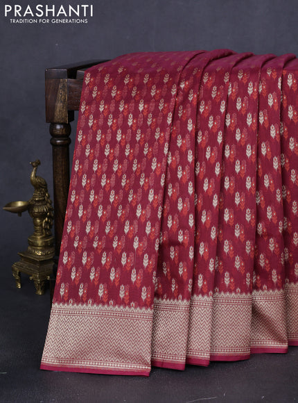 Banarasi silk cotton saree maroon with allover zari weaves and temple zari woven border