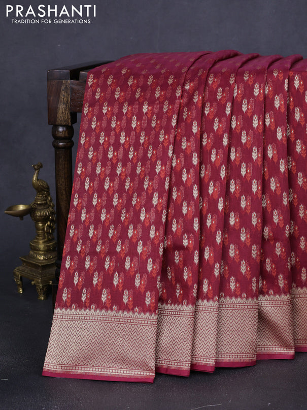 Banarasi silk cotton saree maroon with allover zari weaves and temple zari woven border