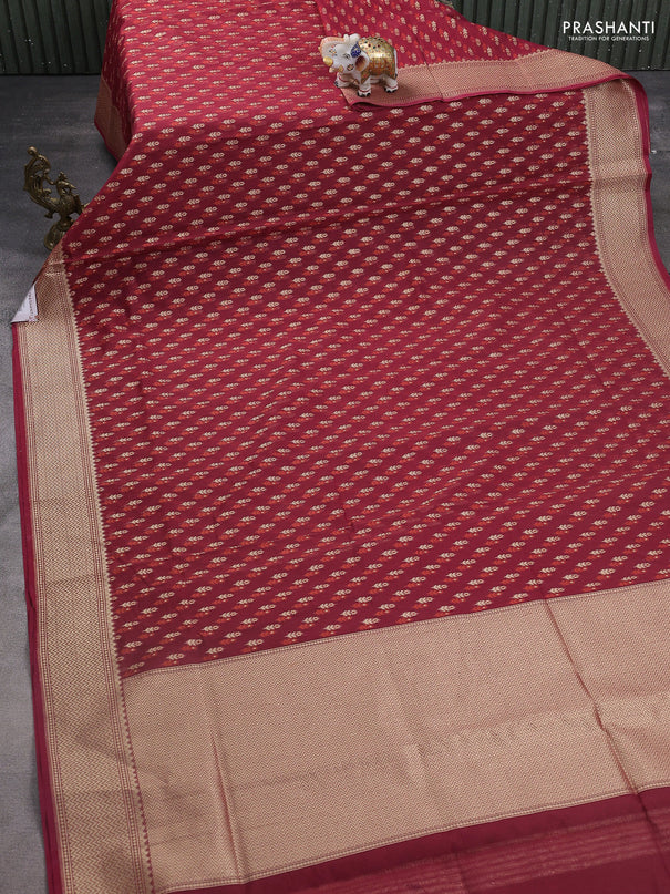 Banarasi silk cotton saree maroon with allover zari weaves and temple zari woven border