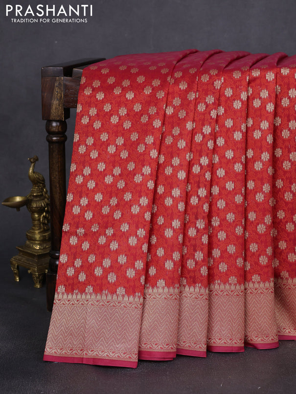 Banarasi silk cotton saree red with allover thread weaves & zari woven buttas and temple zari woven border