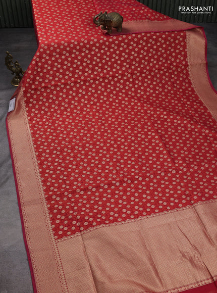 Banarasi silk cotton saree red with allover thread weaves & zari woven buttas and temple zari woven border