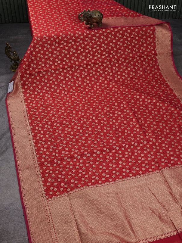 Banarasi silk cotton saree red with allover thread weaves & zari woven buttas and temple zari woven border