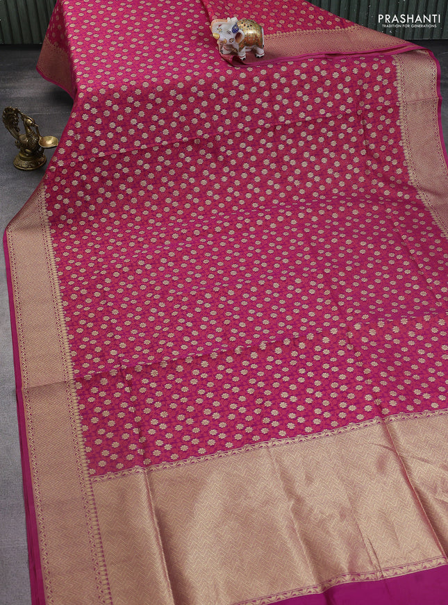 Banarasi silk cotton saree purple with allover thread weaves & zari woven buttas and temple zari woven border