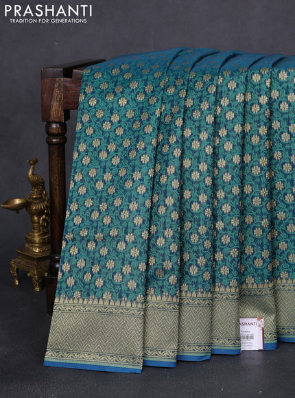 Banarasi silk cotton saree dual shade of bluish green with allover thread weaves & zari woven buttas and temple zari woven border