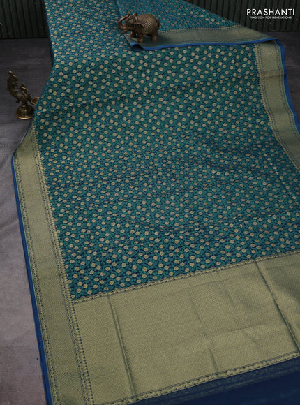 Banarasi silk cotton saree dual shade of bluish green with allover thread weaves & zari woven buttas and temple zari woven border