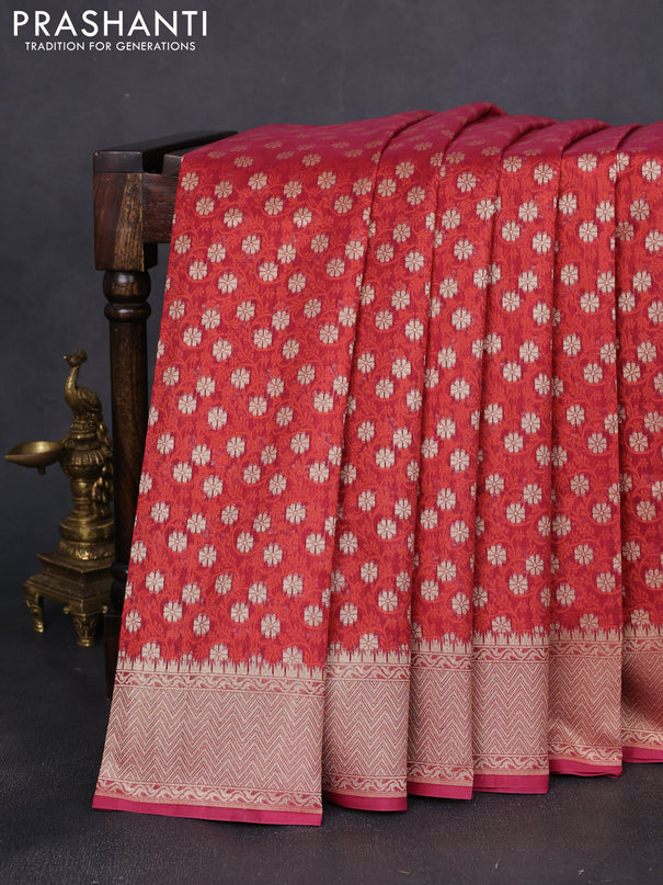 Banarasi silk cotton saree maroon with allover thread weaves & zari woven buttas and temple zari woven border