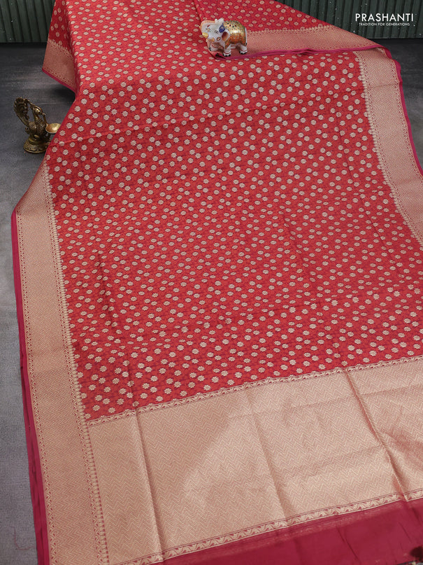 Banarasi silk cotton saree maroon with allover thread weaves & zari woven buttas and temple zari woven border