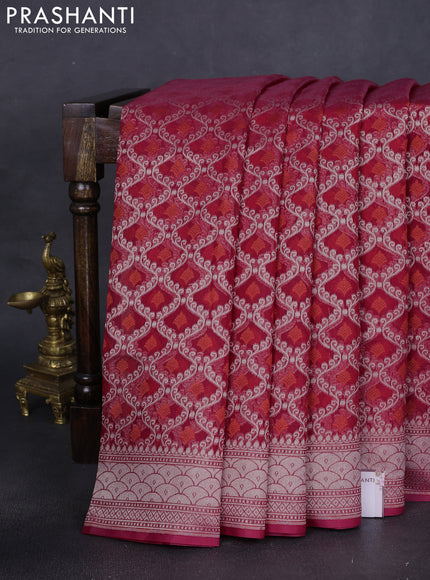 Banarasi silk cotton saree reddish pink with allover zari weaves & thread woven buttas and zari woven border