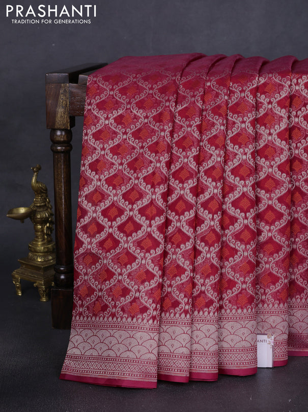Banarasi silk cotton saree reddish pink with allover zari weaves & thread woven buttas and zari woven border