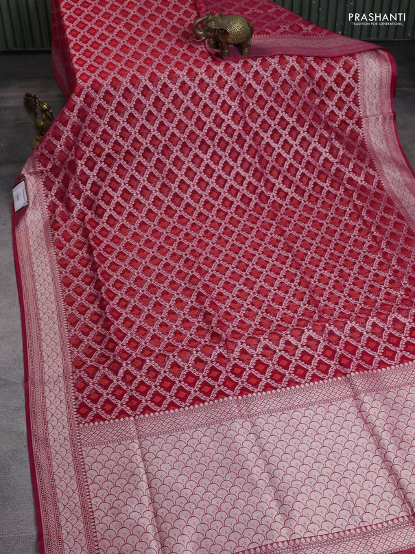 Banarasi silk cotton saree reddish pink with allover zari weaves & thread woven buttas and zari woven border