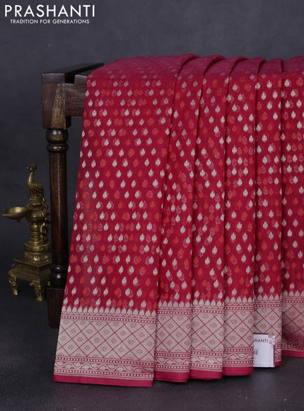 Banarasi silk cotton saree reddish pink with allover thread & zari woven buttas and zari woven border