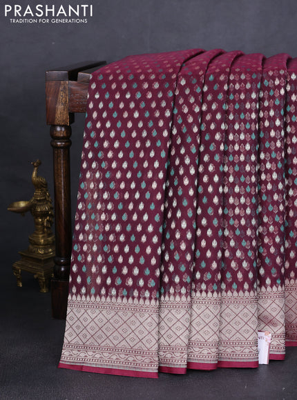 Banarasi silk cotton saree deep maroon with allover thread & zari woven buttas and zari woven border