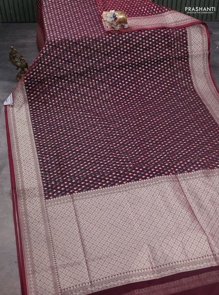 Banarasi silk cotton saree deep maroon with allover thread & zari woven buttas and zari woven border