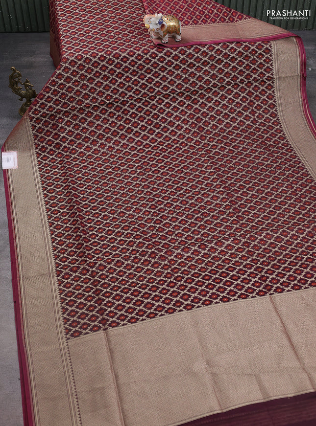 Banarasi silk cotton saree deep maroon with allover zari weaves & thread woven buttas and temple zari woven border