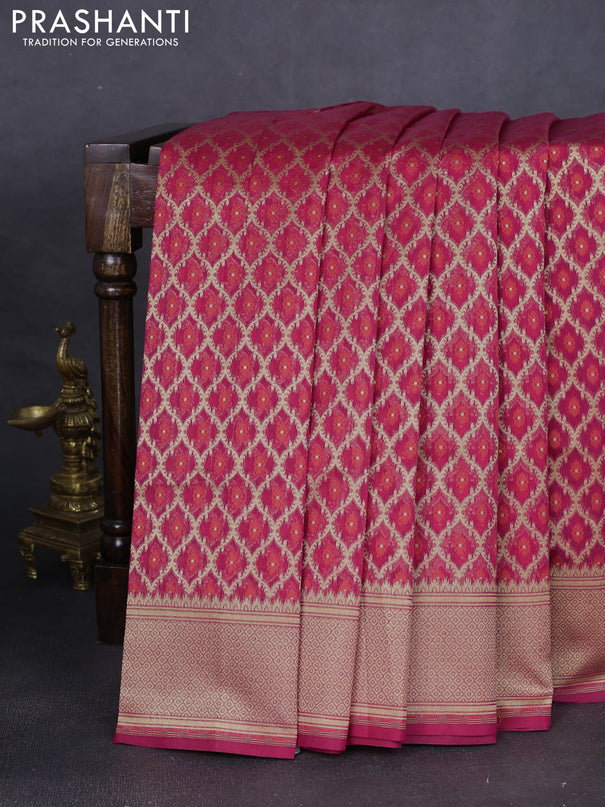 Banarasi silk cotton saree reddish pink with allover zari weaves & thread woven buttas and temple zari woven border