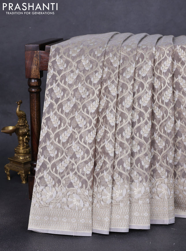 Banarasi silk cotton saree grey with allover zari weaves and thread & zari woven border