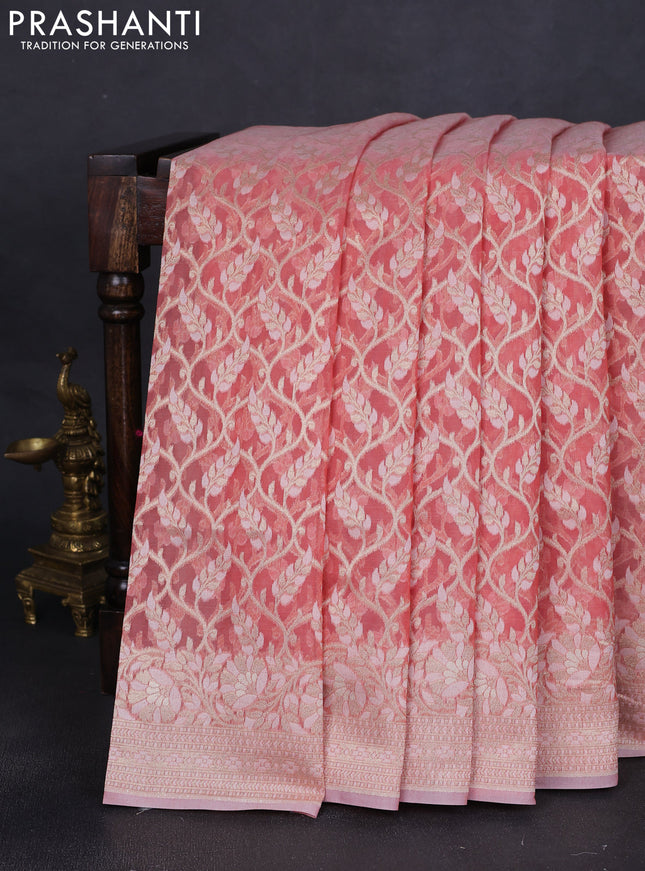 Banarasi silk cotton saree peach with allover zari weaves and thread & zari woven border