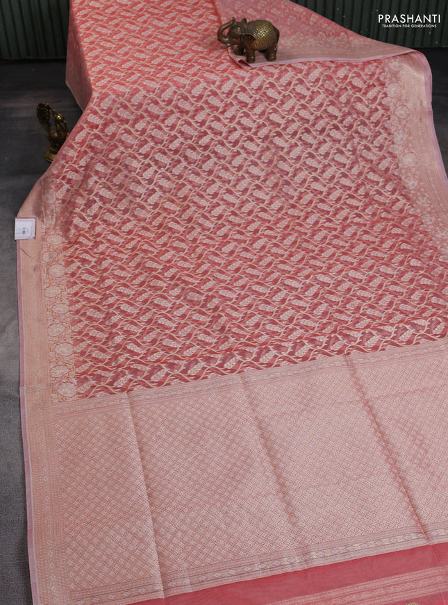 Banarasi silk cotton saree peach with allover zari weaves and thread & zari woven border