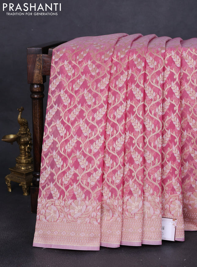 Banarasi silk cotton saree peach pink with allover zari weaves and thread & zari woven border