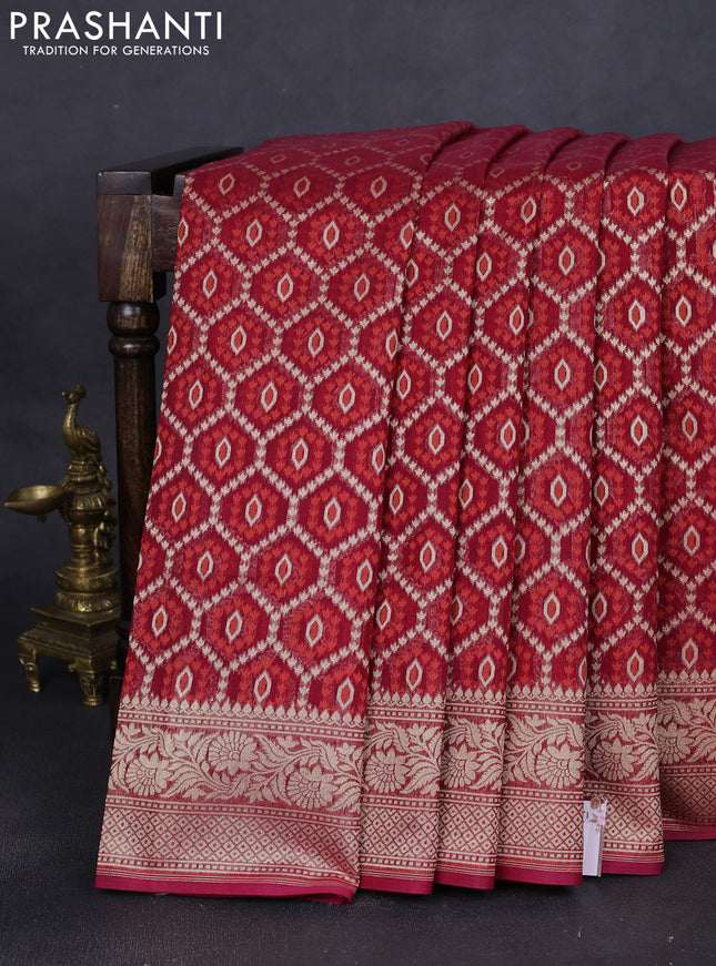 Banarasi silk cotton saree deep maroon with allover thread & zari woven buttas and zari woven border