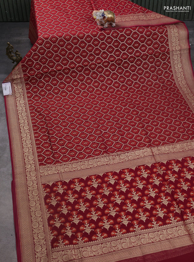 Banarasi silk cotton saree deep maroon with allover thread & zari woven buttas and zari woven border