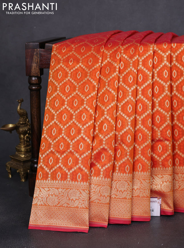Banarasi silk cotton saree orange with allover thread & zari woven buttas and zari woven border