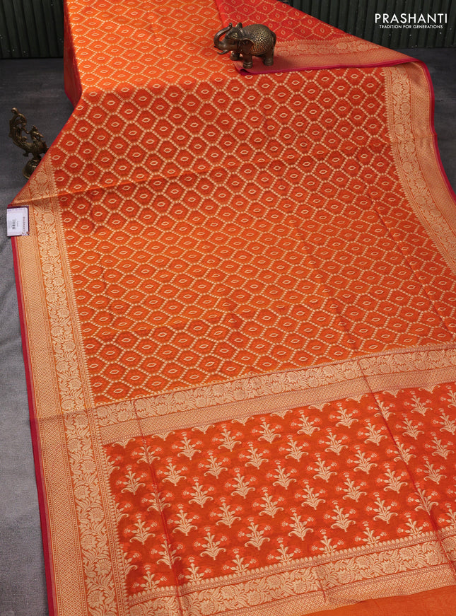Banarasi silk cotton saree orange with allover thread & zari woven buttas and zari woven border