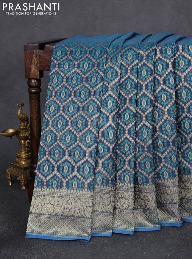 Banarasi silk cotton saree peacock blue with allover thread & zari woven buttas and zari woven border