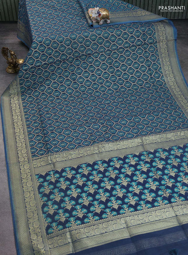 Banarasi silk cotton saree peacock blue with allover thread & zari woven buttas and zari woven border