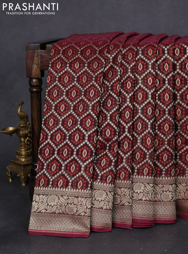 Banarasi silk cotton saree deep maroon with allover thread & zari woven buttas and zari woven border