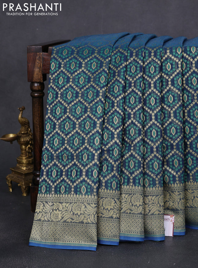 Banarasi silk cotton saree peacock blue with allover thread & zari woven buttas and zari woven border