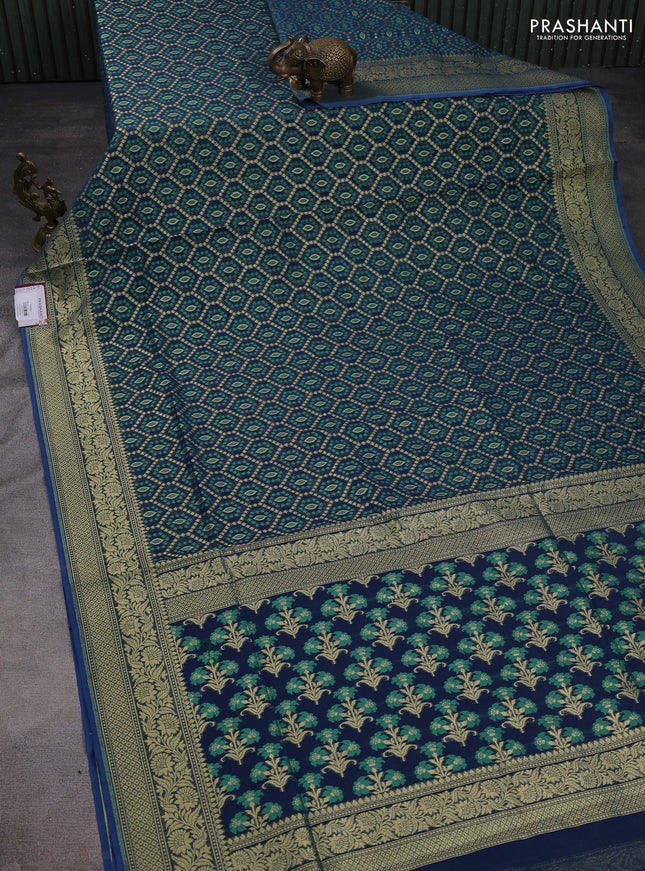 Banarasi silk cotton saree peacock blue with allover thread & zari woven buttas and zari woven border