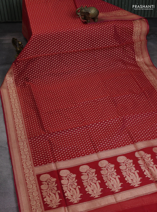 Banarasi silk cotton saree red with allover zari woven buttas and zari woven border