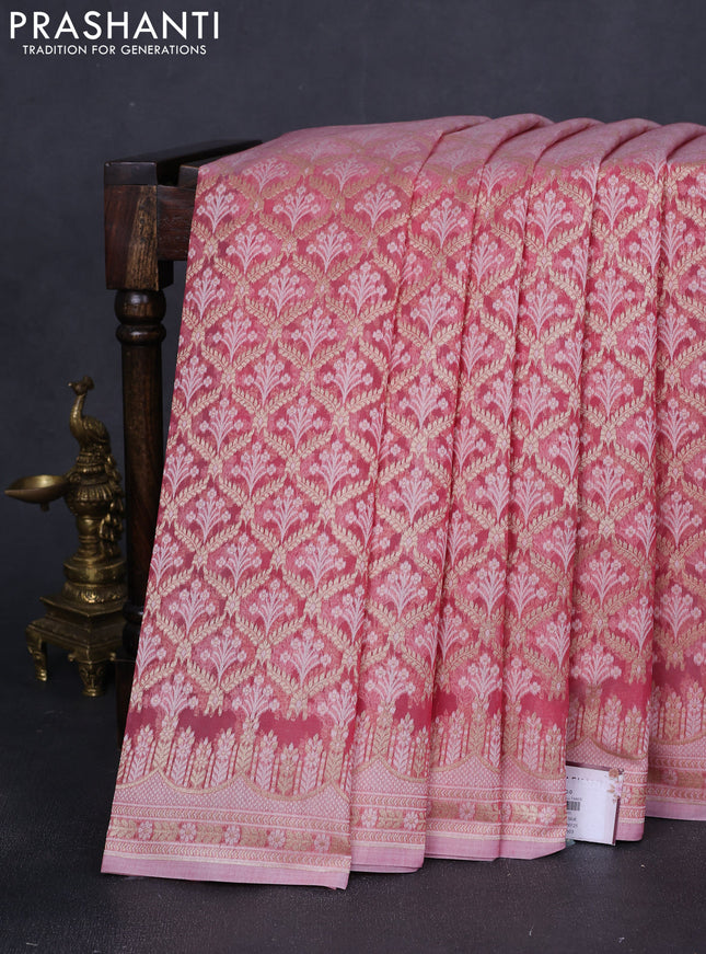 Banarasi silk cotton saree peach pink with allover zari weaves and zari woven border
