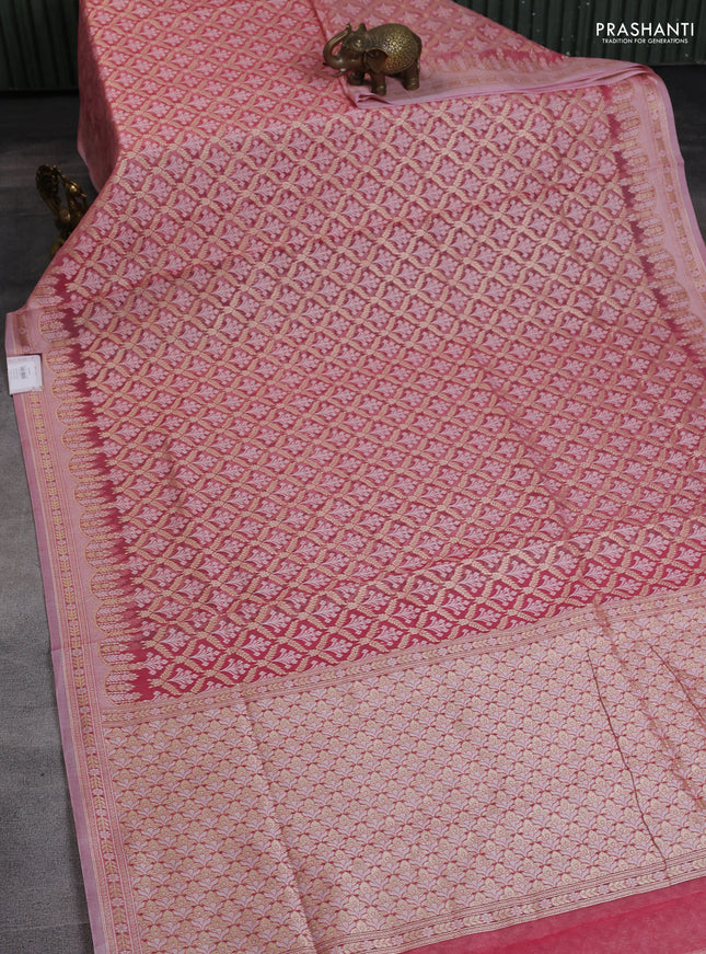 Banarasi silk cotton saree peach pink with allover zari weaves and zari woven border