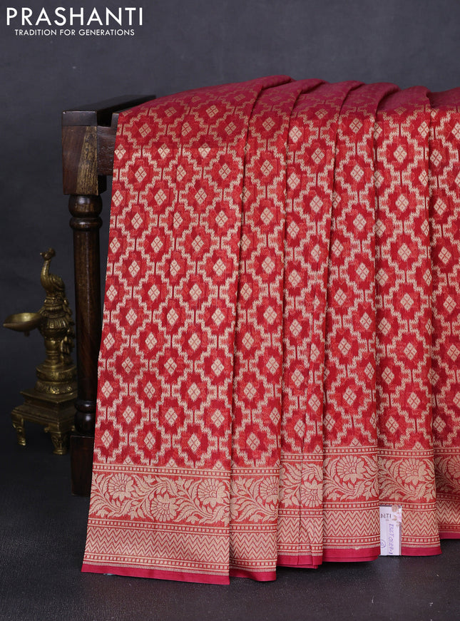 Banarasi silk cotton saree red with allover zari weaves and zari woven border