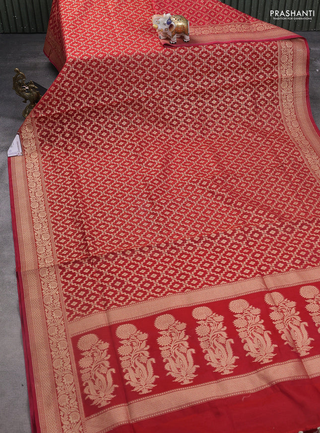 Banarasi silk cotton saree red with allover zari weaves and zari woven border