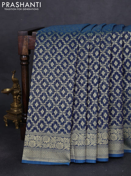 Banarasi silk cotton saree peacock blue with allover zari weaves and zari woven border
