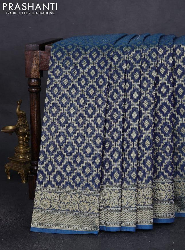 Banarasi silk cotton saree peacock blue with allover zari weaves and zari woven border